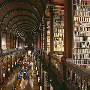 Bookcases laden with books in the Old Library at Trinity College Dublin.