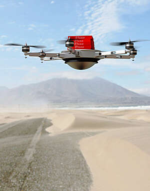 Futuristic photo of a drone delivering bright-red pizza boxes in a sandy desert environment.
