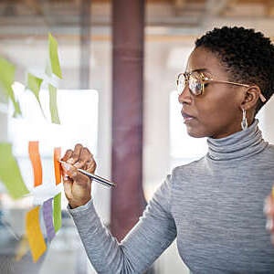 Confident mid adult businesswoman writing new ideas onto a adhesive note over a glass wall. Business people brainstorming using sticky notes.